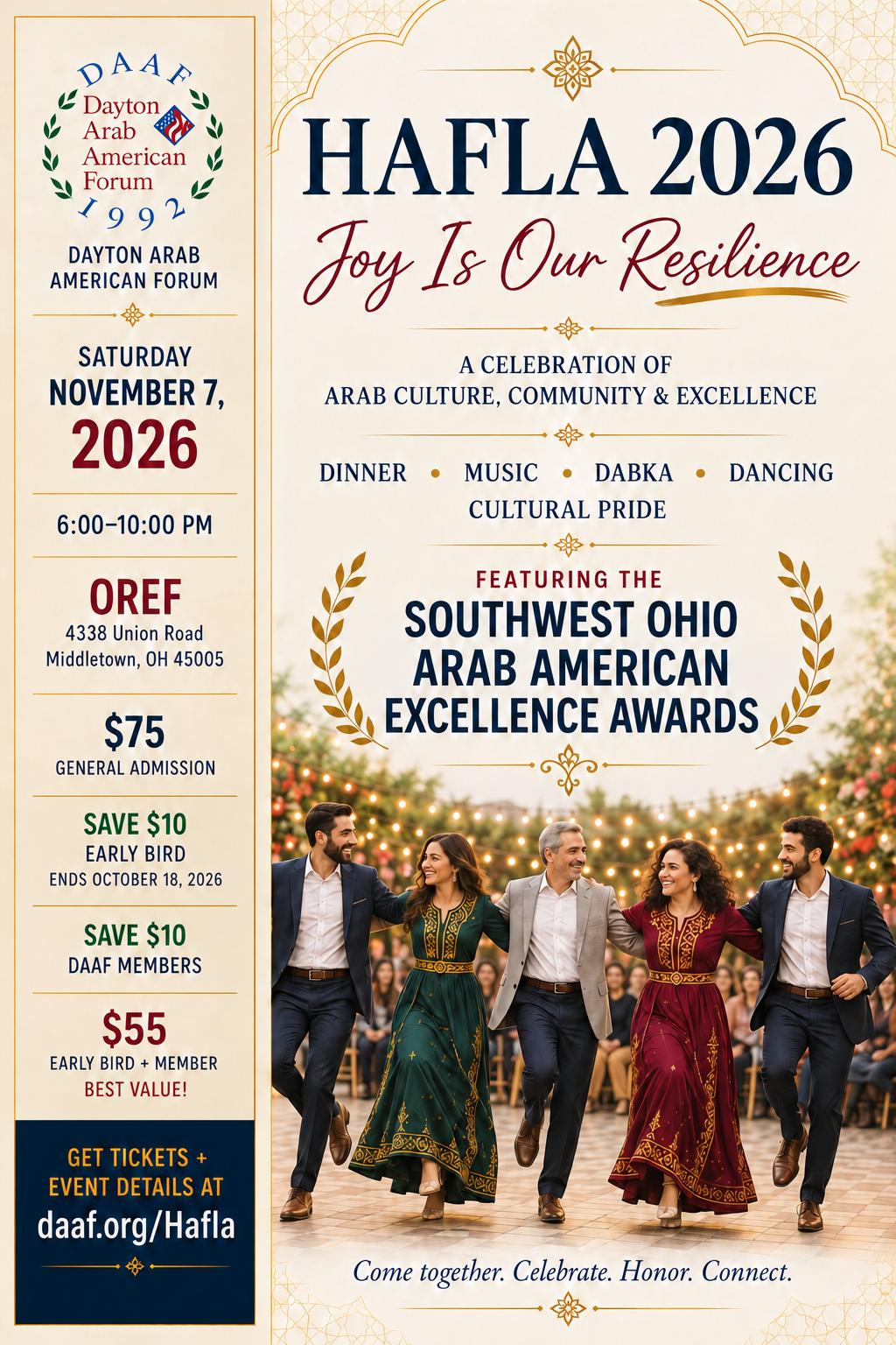 Hafla 2026: November 7, 6–10 PM at OREF in Middletown. Early bird ends October 18, 2026.